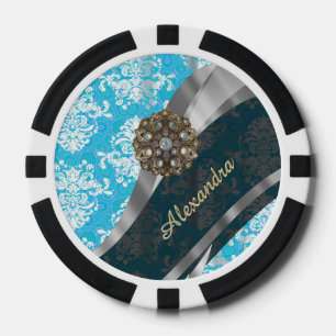 Lot De Jeton De Poker Modèle personnalisé bleu pâle joli girly damassé