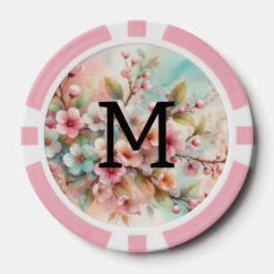 Lot De Jeton De Poker Monogramme aquarelle florale roses cerisiers en fl