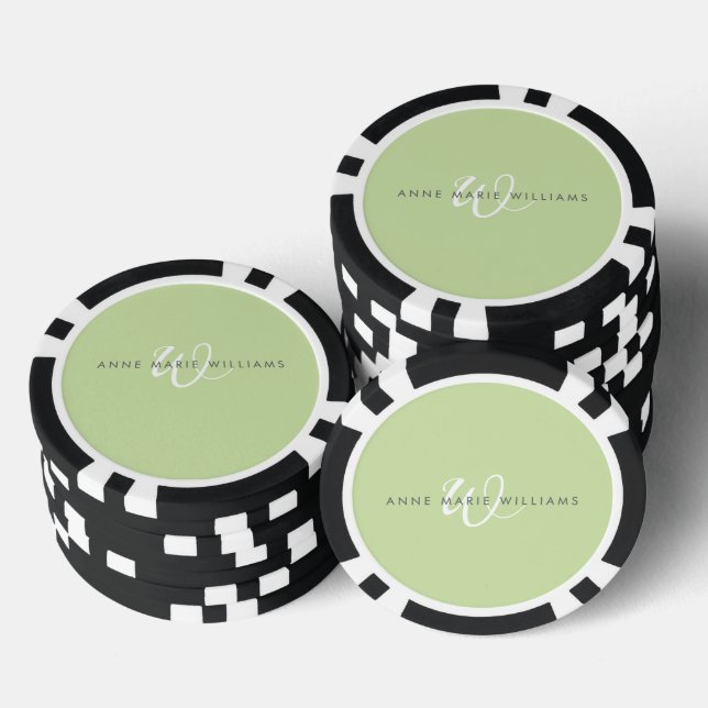 Lot De Jeton De Poker Monogramme de script blanc vert clair moderne (Empiler)
