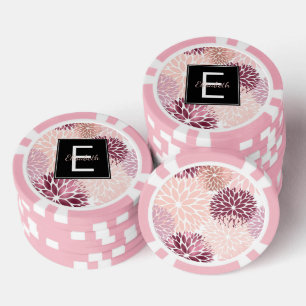 Lot De Jeton De Poker Monogramme floral aquarelle rose et vin de Bourgog