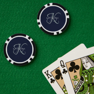 Lot De Jeton De Poker Monogramme moderne élégant Script Marine Bleu