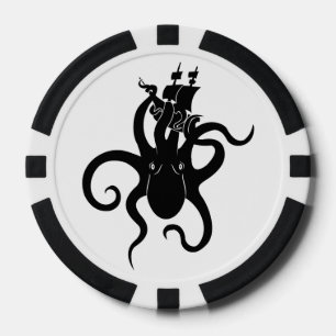 Lot De Jeton De Poker Monstre de mer noir et blanc Kraken avec navire