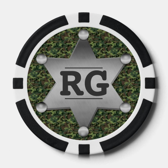 Lot De Jeton De Poker Motif de camouflage vert Sheriff Badge Monogramme (Recto)