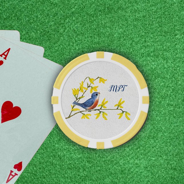 Lot De Jeton De Poker Oiseau chanteur rouge sur fleur de branche (Little red blue singing bird on branch with yellow flowers on textured look white poker chips.)