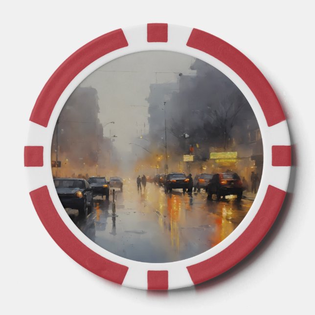 Lot De Jeton De Poker Scène de pluie du soir en ville (Recto)