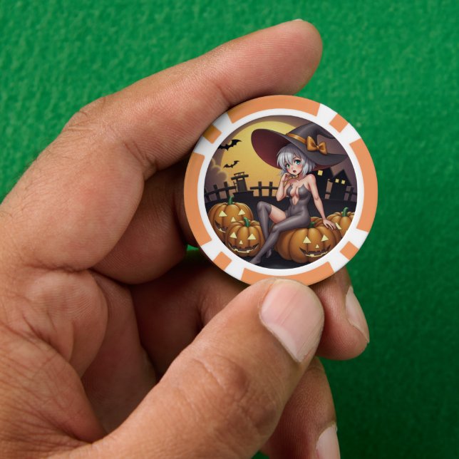 Lot De Jeton De Poker Une sorcière d'Halloween aux yeux verts sur Jack-O (main)