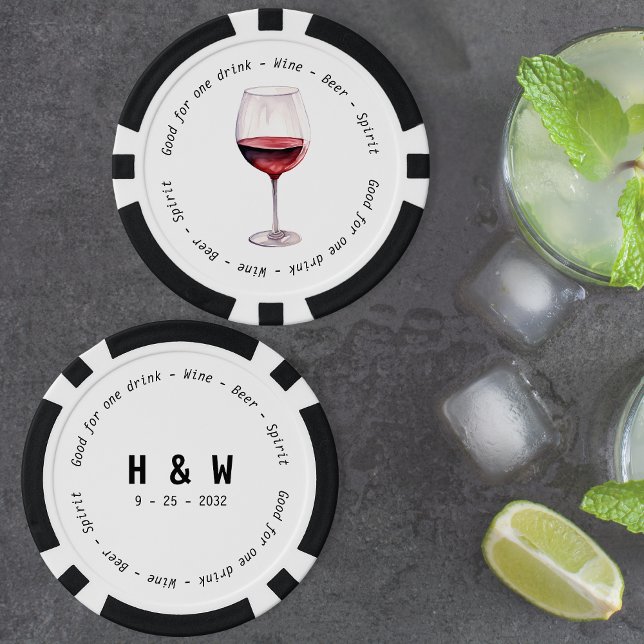 Lot De Jeton De Poker Vin rouge noir moderne Mariage  (Modern Black White Red Wine Drink Voucher Wedding Poker Chips)