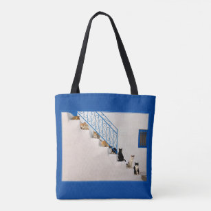 Lot of cats on a white stairway in a Greek village Tote Bag