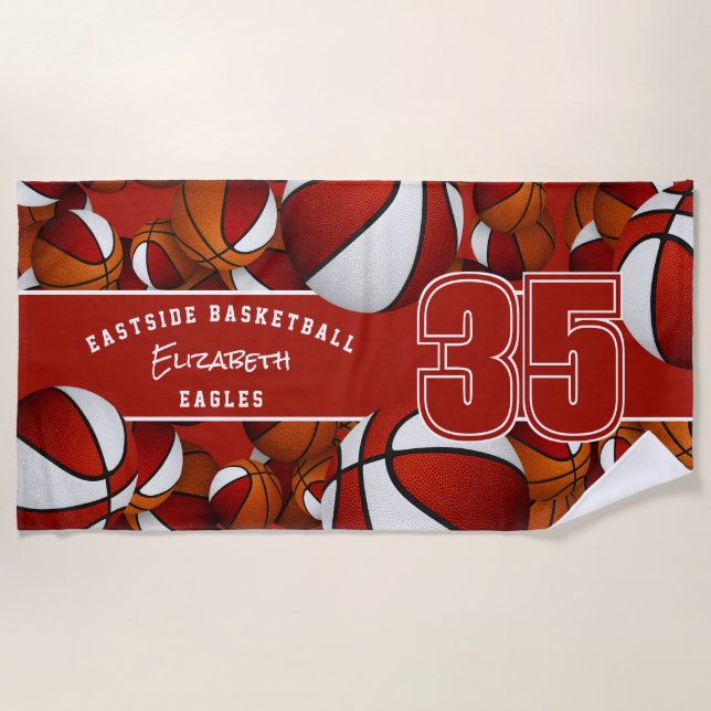 Lots of basketballs athlete team name red white beach towel (Front)