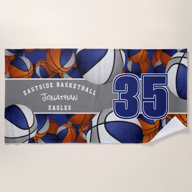Lots of basketballs blue grey team colours beach towel (Front)