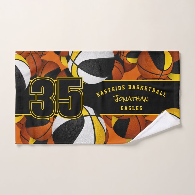 Lots of basketballs custom athlete name black gold hand towel (Hand Towel)