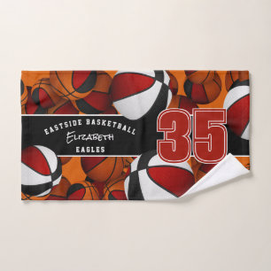 Lots of basketballs custom athlete name red black hand towel