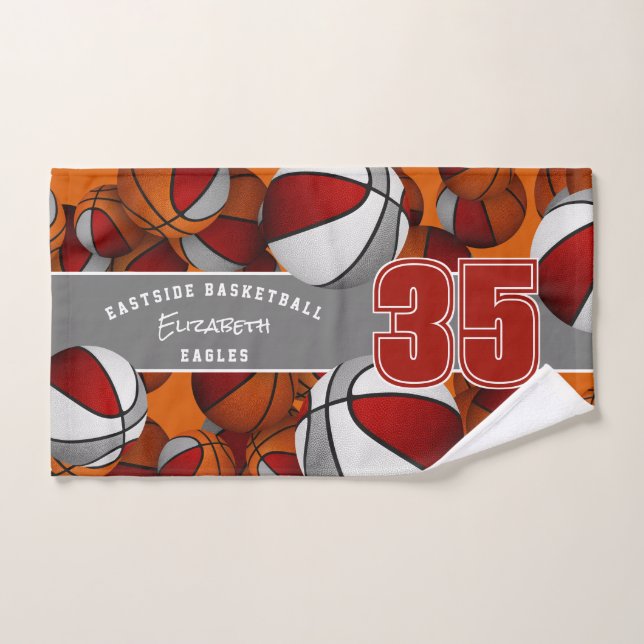 Lots of basketballs custom athlete name red grey hand towel (Hand Towel)