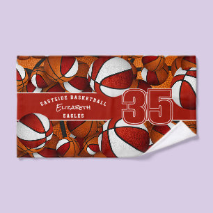 Lots of basketballs custom athlete name red white hand towel
