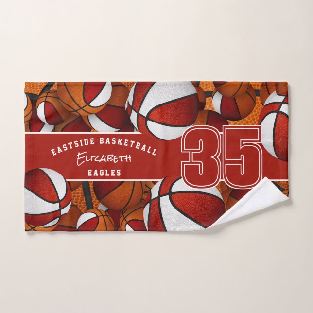 Lots of basketballs custom athlete name red white hand towel (Hand Towel)