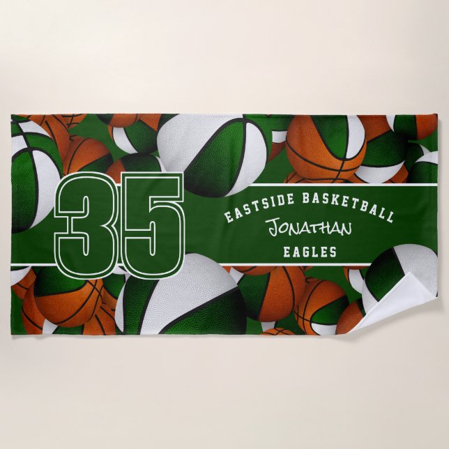 Lots of basketballs custom player name green white beach towel (Front)