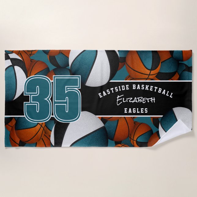 Lots of basketballs custom player name teal black beach towel (Front)