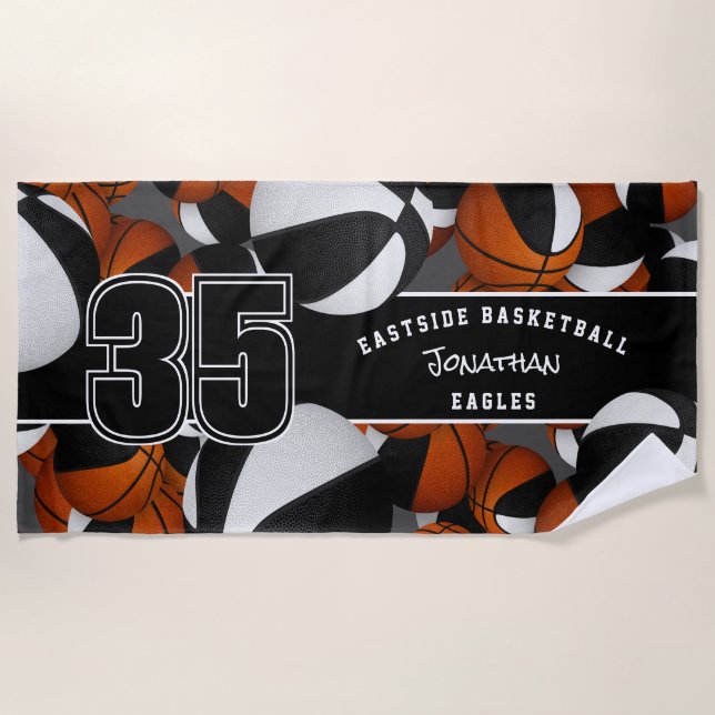 Lots of basketballs custom team name black white beach towel (Front)