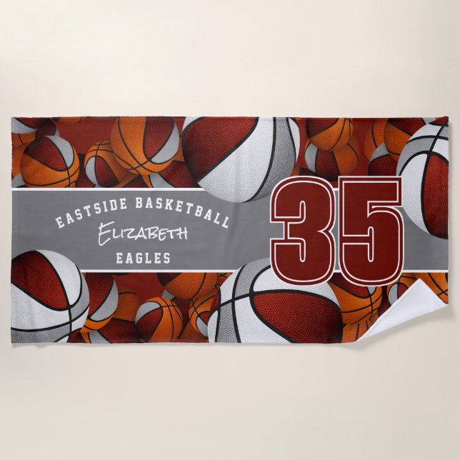 Lots of basketballs maroon grey buy 1 or bulk beach towel (Front)