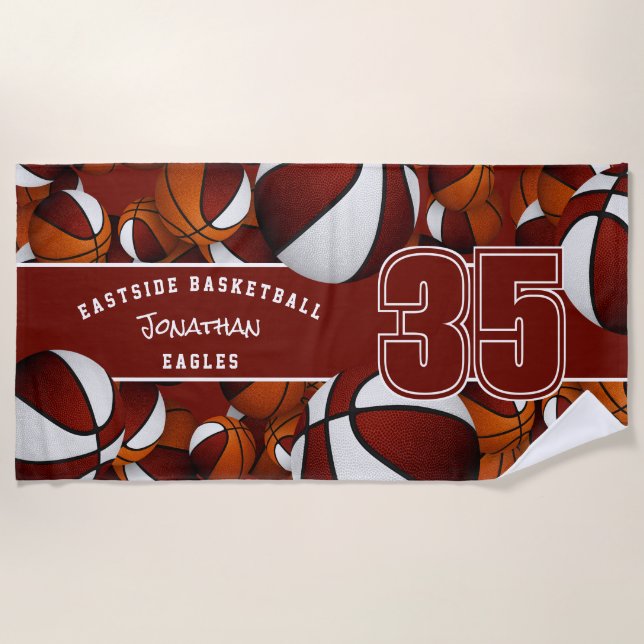 Lots of basketballs maroon white team colours name beach towel (Front)