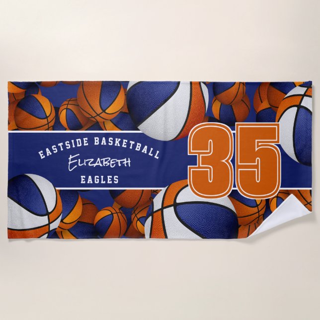 Lots of basketballs with blue orange team colours beach towel (Front)