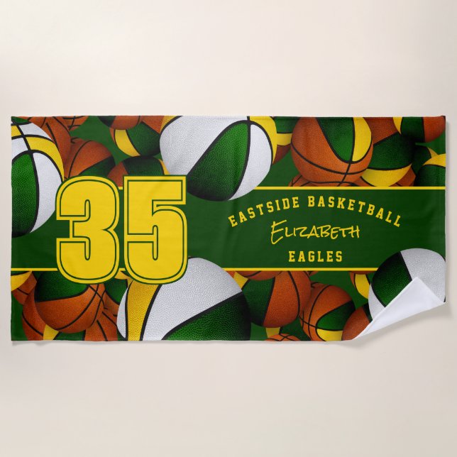 Lots of basketballs with player name green gold beach towel (Front)