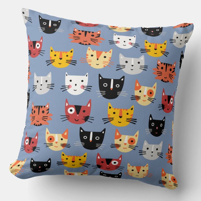 Lots of Cats Throw Pillow (Funny kitty cat faces blue throw pillow)