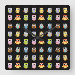 Lots of Colourful Cute Owls Pattern Square Wall Clock