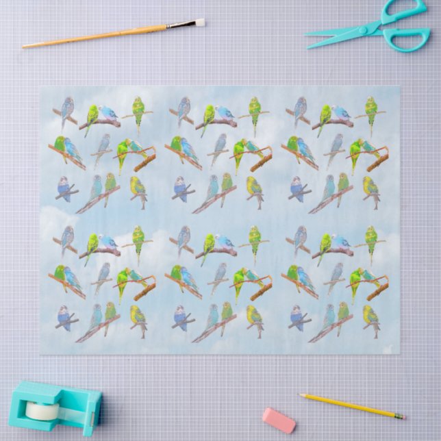 Lots of colourful parakeets - cute little birds tissue paper (Craft)