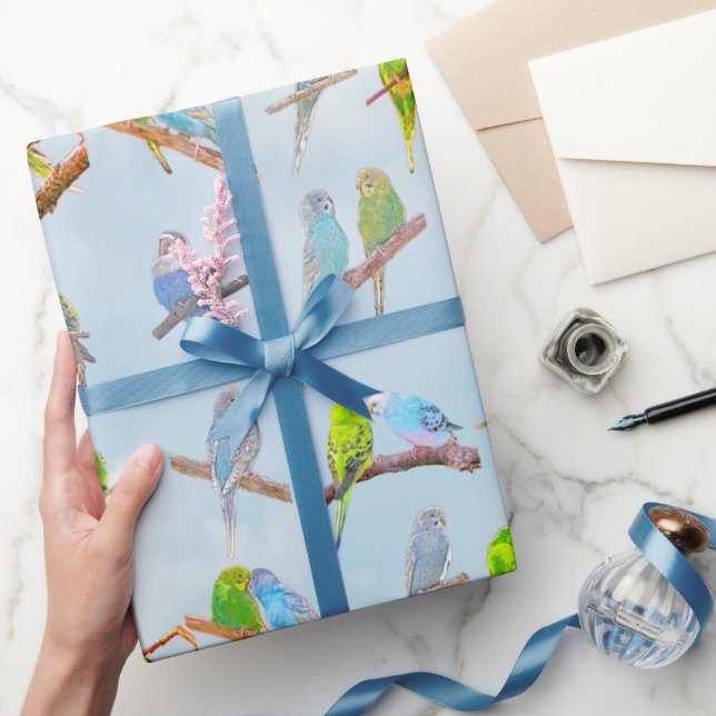 Lots of colourful parakeets - cute little birds  wrapping paper (Gifting)