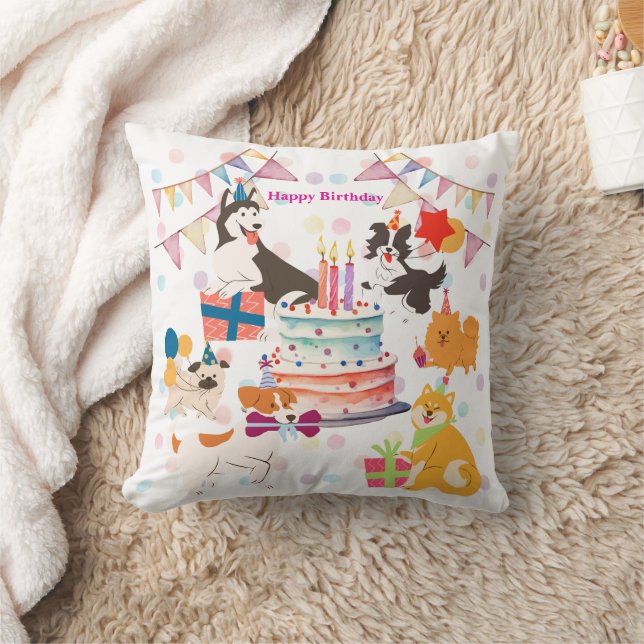Lots of cute dogs ♡ Pink birthday party Throw Pillow (Blanket)