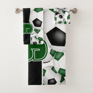 Lots of green black team colours soccer balls bath towel set