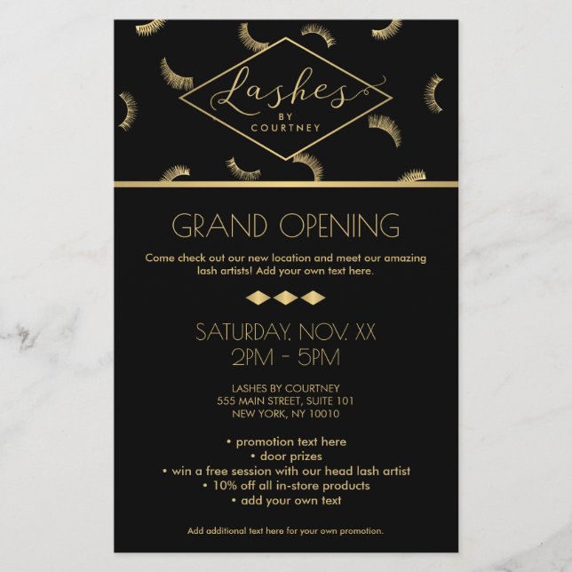 Lots of Lashes Pattern Lash Salon Black/Gold Flyer (Front)