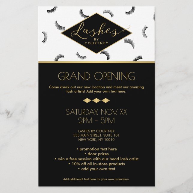 Lots of Lashes Pattern Lash Salon White/Black/Gold Flyer (Front)