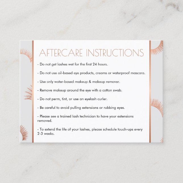 Lots of Lashes Salon Grey/Rose Gold Aftercare Card (Front)