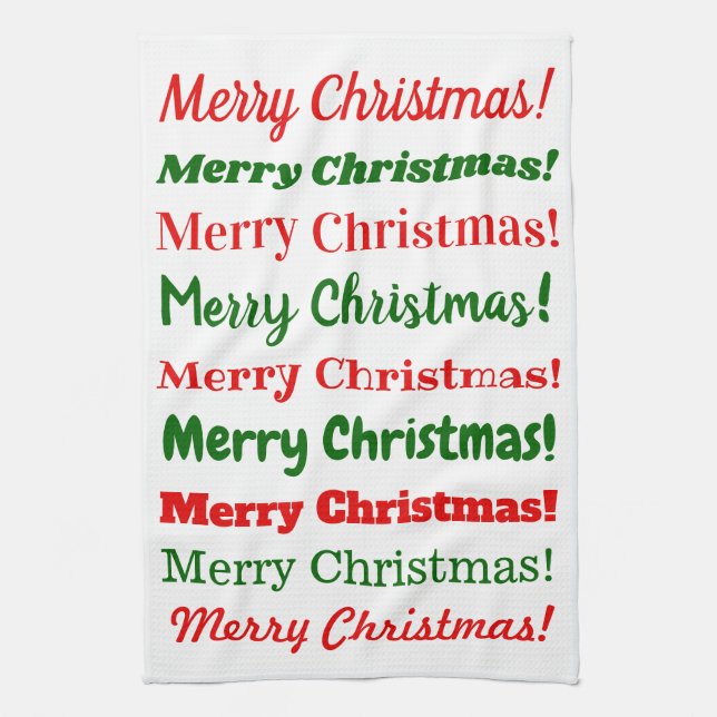 Lots of "Merry Christmas!" in Red or Green Kitchen Towel (Vertical)