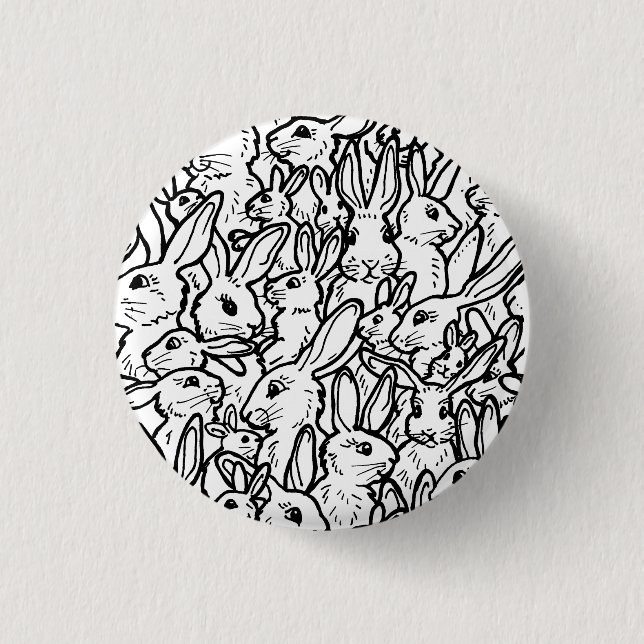 Lots of Rabbits Drawing Black & White Fun Bunny 1 Inch Round Button (Front)