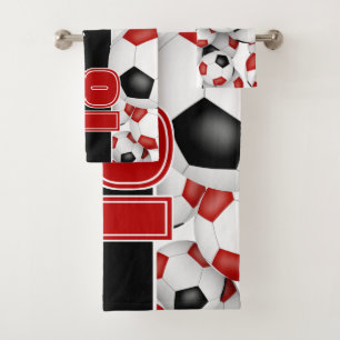 Lots of red black team colours soccer balls bath towel set