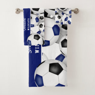 Lots of soccer balls black blue team colours gifts bath towel set