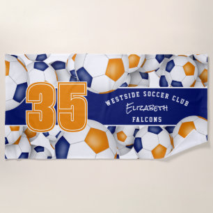 Lots of soccer balls blue orange team colours gift beach towel