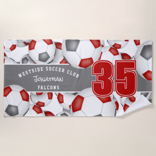 Lots of soccer balls boys girls name red grey beach towel