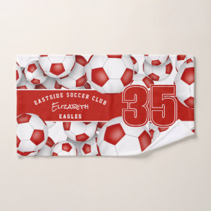 Lots of soccer balls custom athlete name red hand towel
