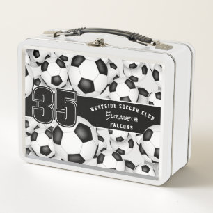 Lots of soccer balls custom team name metal lunch box