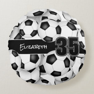 Lots of soccer balls girls sports room decor round pillow