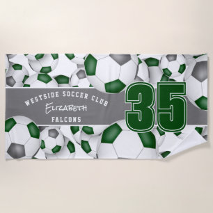 Lots of soccer balls green grey with jersey number beach towel