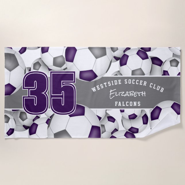 Lots of soccer balls purple grey custom team gifts beach towel (Front)