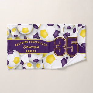 Lots of soccer balls team athlete name purple gold hand towel