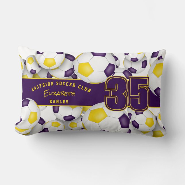 Lots of soccer balls team athlete name purple gold lumbar pillow (Front)