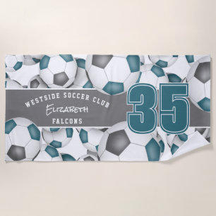 Lots of soccer balls team spirit teal grey beach towel