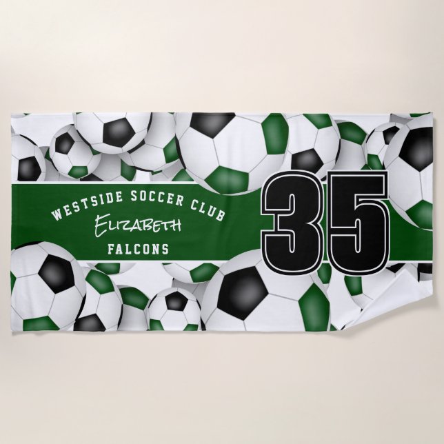 Lots of soccer balls with green black team colours beach towel (Front)
